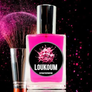 Parfum Loukoum de chez Ô-Médina sur un fond noi.