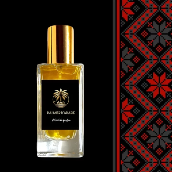 Parfum Palmier d'Arabie sur fond noir.