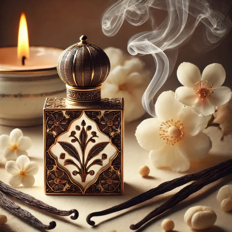 Parfum Poudre de Tokyo entouré d'encens Japonais, vanille et fleurs blanche et musc blanc poudré.