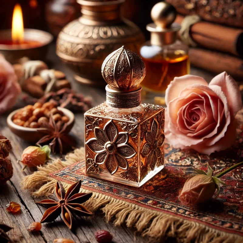 Attar Mukhallat Makkah entouré de Oud Indien et Musc Naturel, Rose et Santal et Ambre rosé