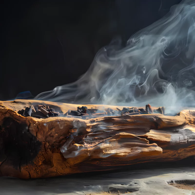 Oud sauvage dégageant de la fumée sur fond noir.