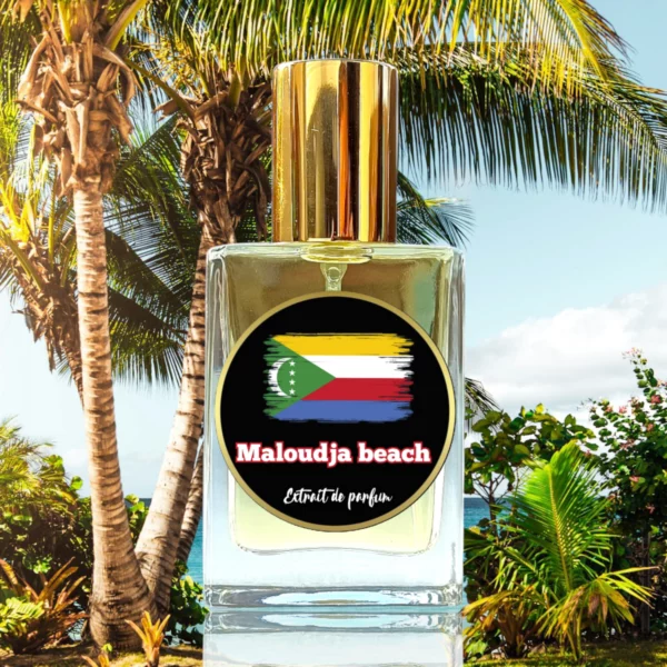 Parfum Maloudja Beach avec un arrière-plan tropical.