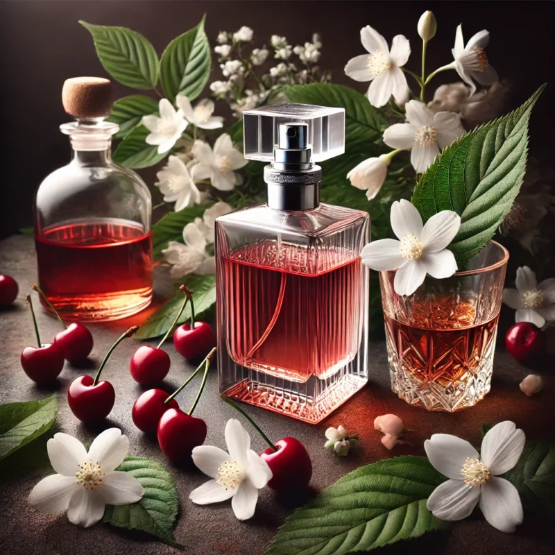 Ma Cherry | Collection Discountinued | Parfum Ô-Médina, entouré de cerises, de jasmin et d'un liquide évoquant l'odeur du rhum.